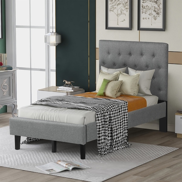 Shop Merax Upholstered Linen Twin Size Platform Bed with ...