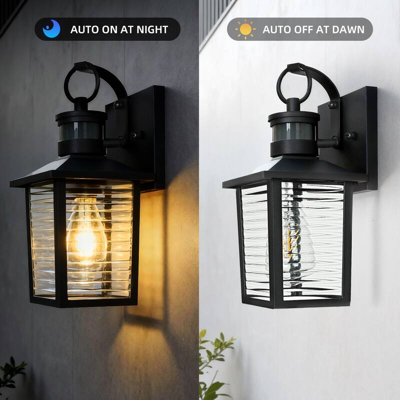 13 in. Sand Black 1-Light Motion Sensing Outdoor Wall Sconce with Dusk to Dawn and Clear Glass Shade