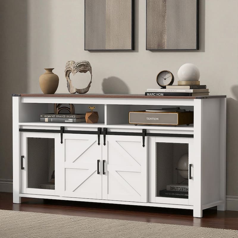59.3" Farmhouse Sideboard with Sliding Barn Doors & Mesh Panels, Buffet Cabinet with Open Storage for Kitchen or Living Room