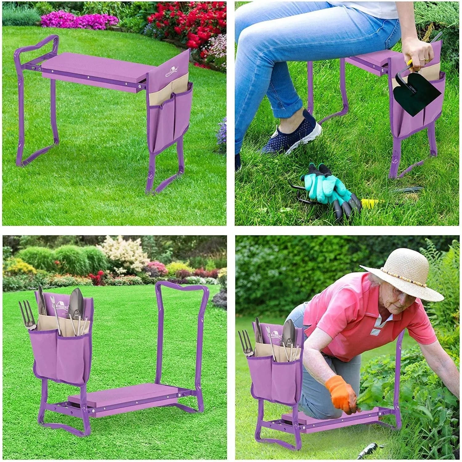 Foldable Garden Kneeler Seat w/ Kneeling Soft Cushion Pad Tools Pouch Portable Gardener Kneeling Bench Stool 
