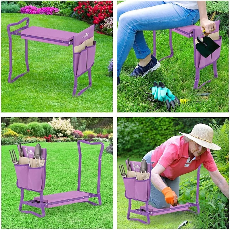 Garden Kneeler and Seat Folding Kneeling Bench Stool with Tool Pouches Soft EVA Foam for Gardening, Purple