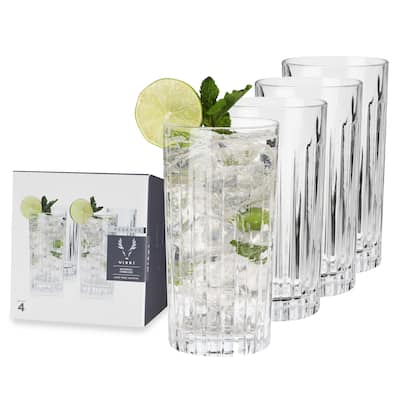 Viski Highball Tumblers, 4 Lead-Free Crystal Cocktail Glasses, European Made Glassware, Set of 4, 14 Ounces