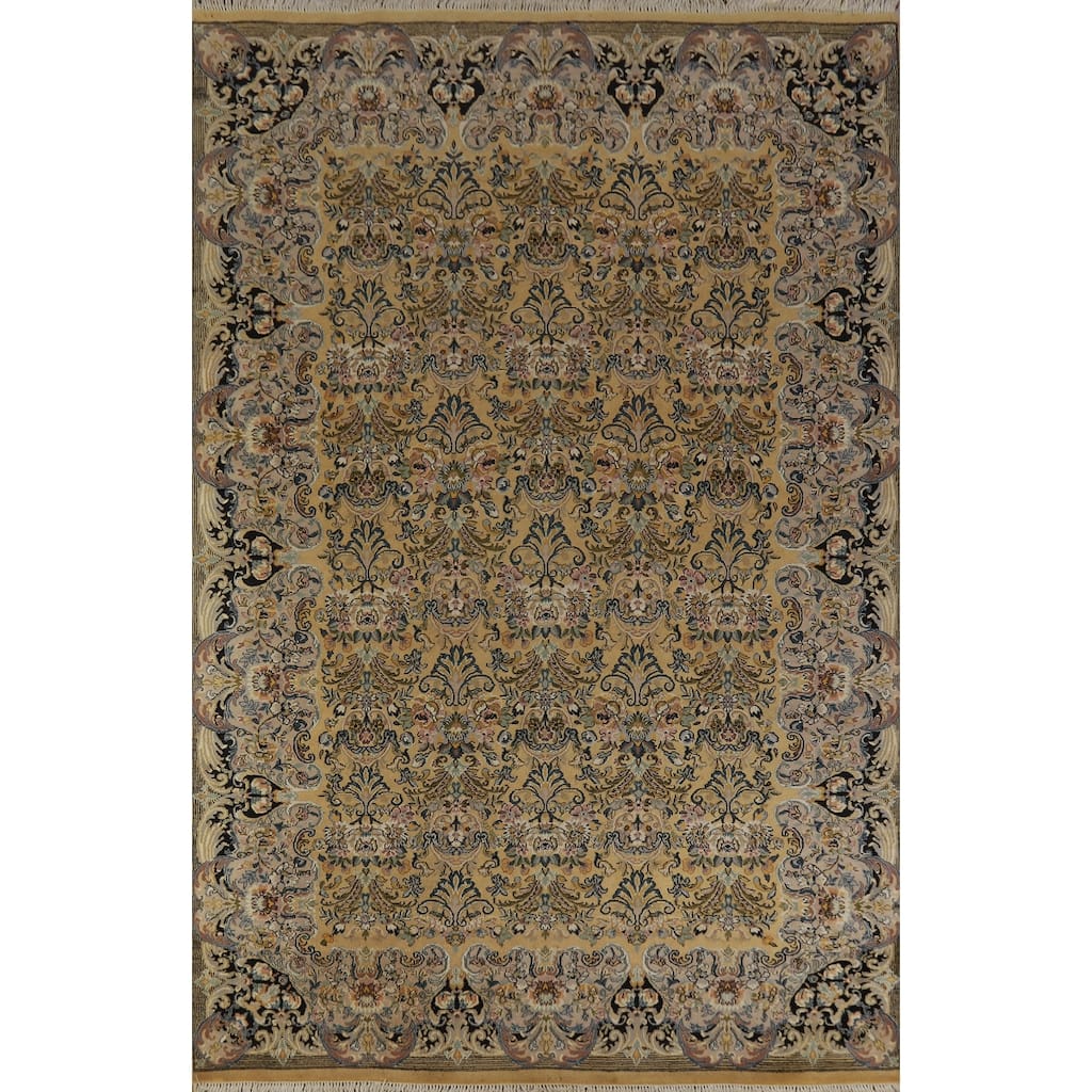Hand Knotted Oriental 100% Wool Carpet Traditional All-Over Yellow & Gold Aubusson Area Rug - 8' 3'' X 5' 7''