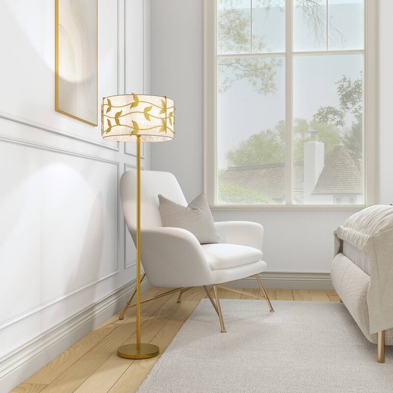 Acroma Black/Gold Leaf-Accent Fabric Shade Floor Lamp