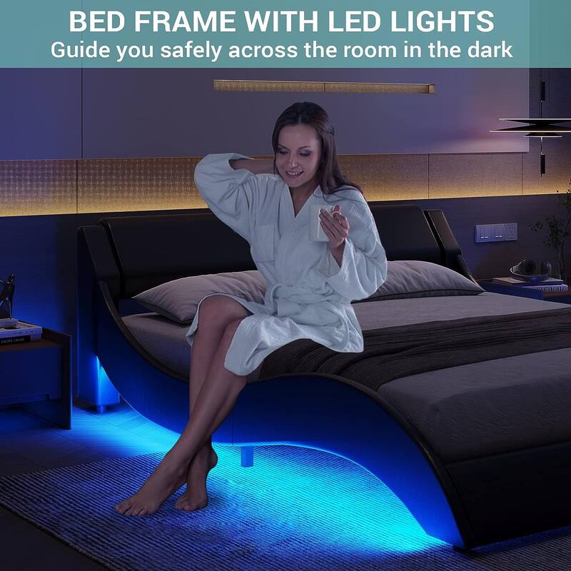Queen Modern Upholstered Platform Bed Frame with LED Lights