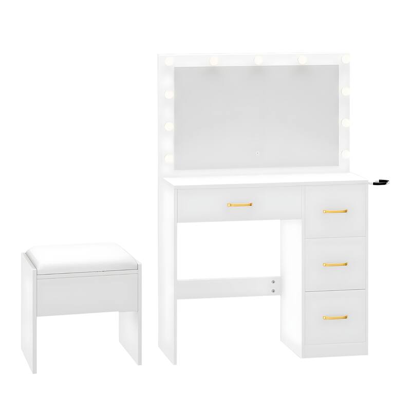 Moasis 35.4" Mirror Makeup Vanity Table with Stool and Light Bulb - 35.4''L x 15.7''W x 53.5''H
