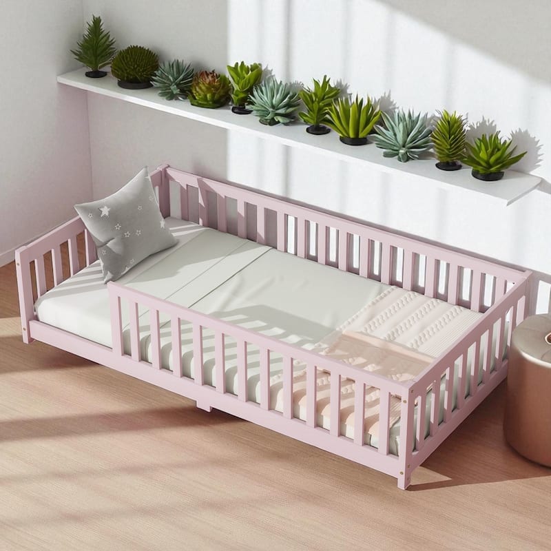 Twin Floor Bed with High Safety Fence, Rubber Wood Construction, Easy Assembly - Pink - Twin