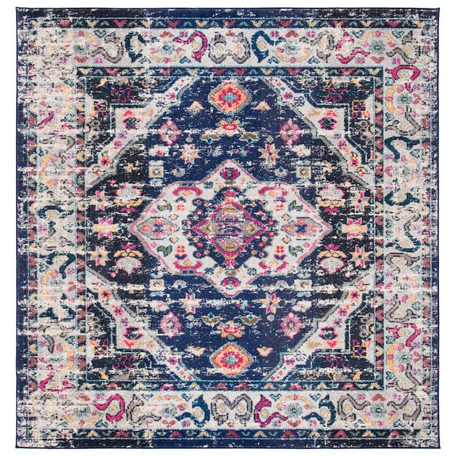 SAFAVIEH Madison Andra Boho Oriental Distressed Rug - 6'7" x 6'7" Square - Navy/Ivory