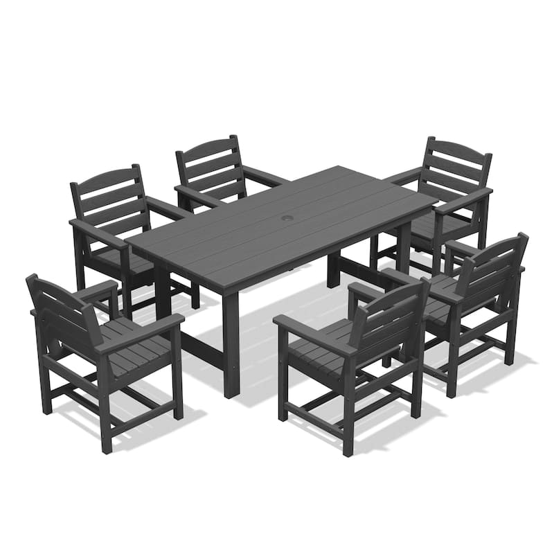 7-Piece HDPE Outdoor Dining Table Sets with Umbrella Hole - 1-Table 6-Chairs - Grey