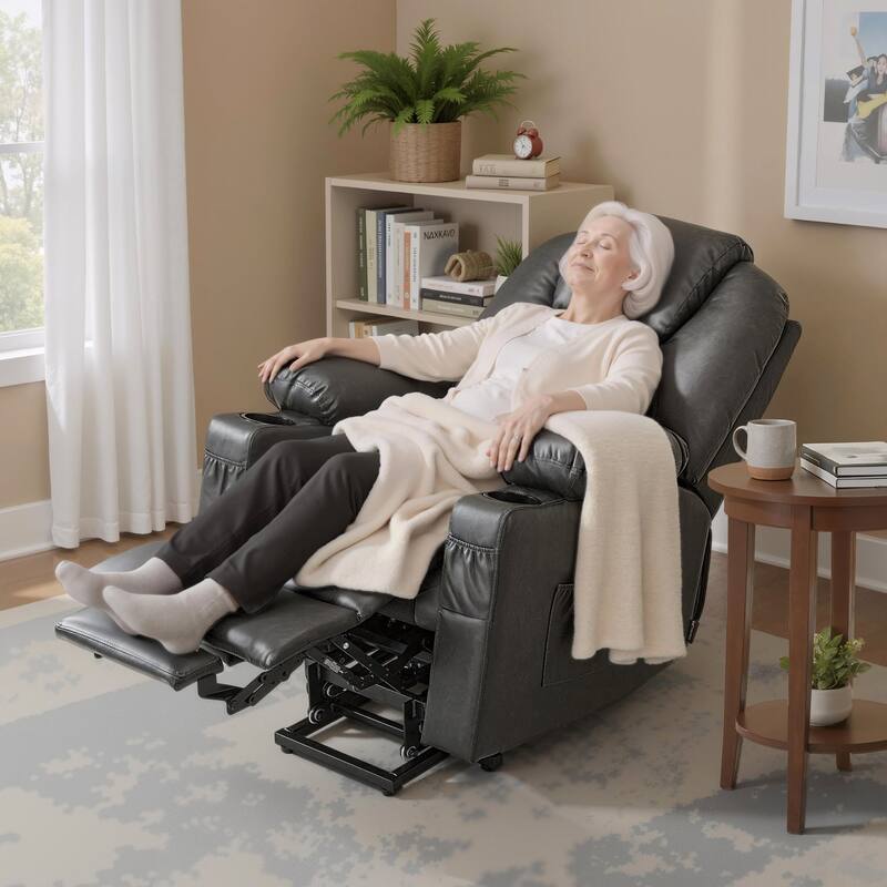 MCombo Small Power Lift Recliner Chair with Massage and Heat for Elderly, 3 Positions and USB Ports Faux leather 7141 - Dark Grey
