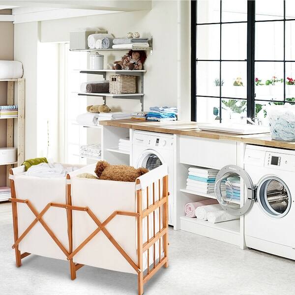 Costway Household Folding Bamboo Frame Laundry Hamper Clothes Folding Bamboo Frame Laundry Hamper