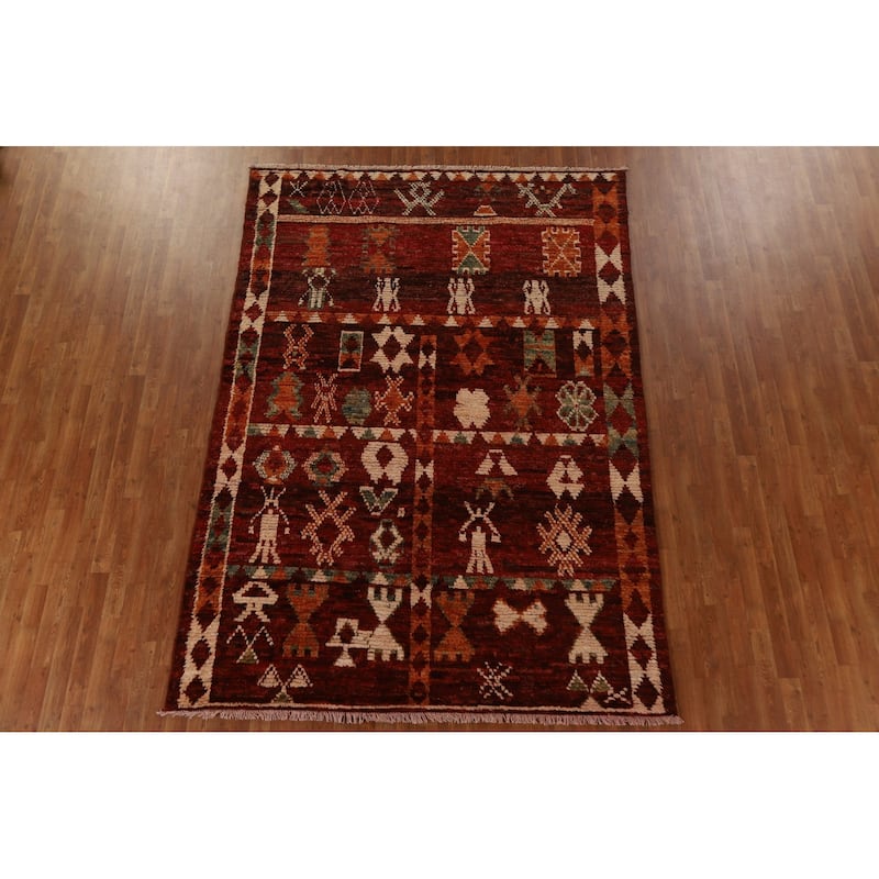 Red Tribal Geometric Moroccan Area Rug Hand-knotted Wool Carpet - 6'8" x 9'6"