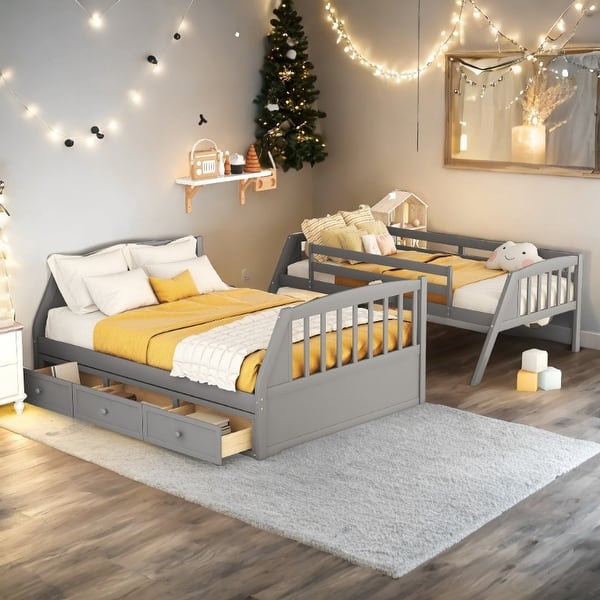slide 2 of 39, Detachable Design Twin-over-Full Bunk Bed with Drawers，Ladder and Storage Staircase Gray