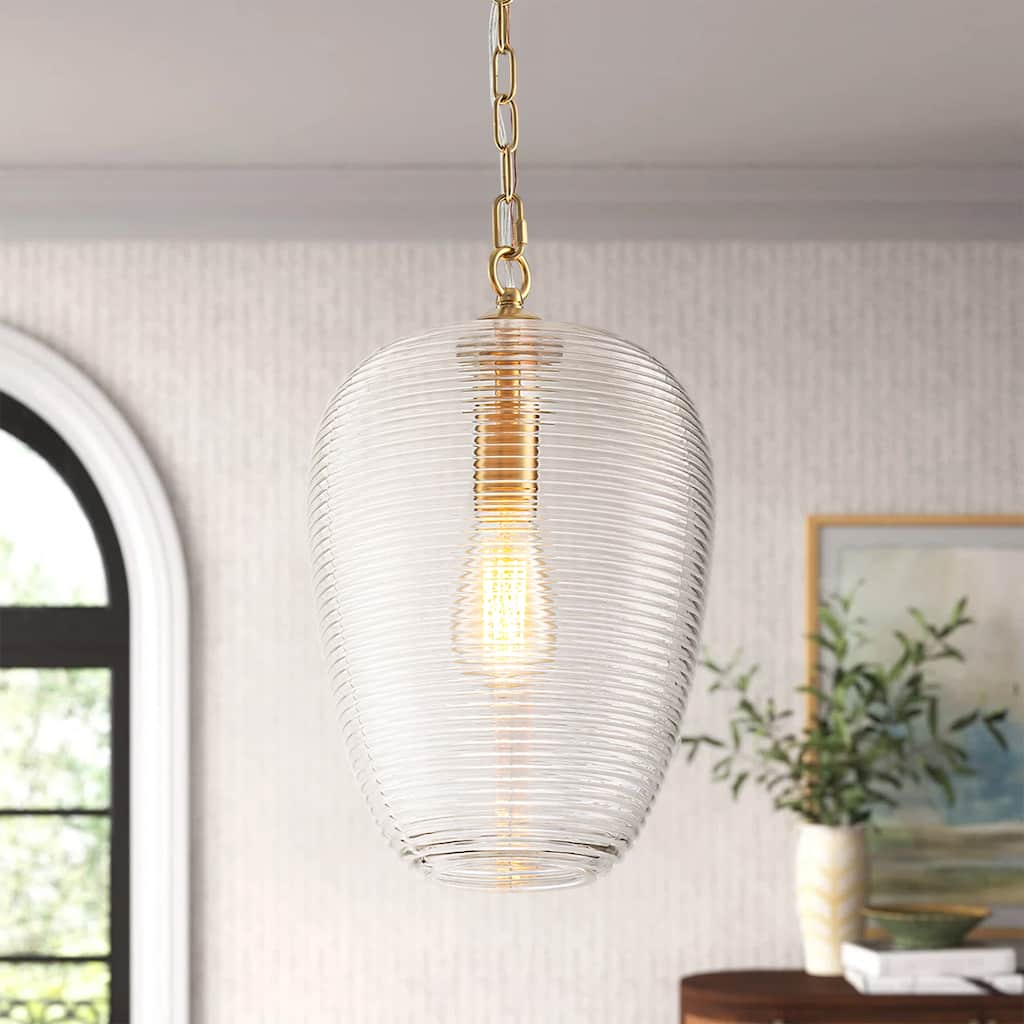1-Light Modern Brushed Gold/Black Ribbed Clear Glass Dome Pendant Light with Adjustable Hanging Chain