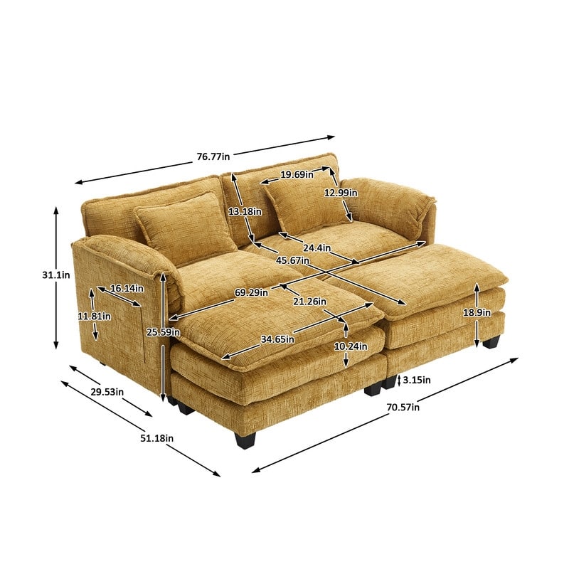 76.77" Chenille Upholstered Sofa with 2 Ottomans