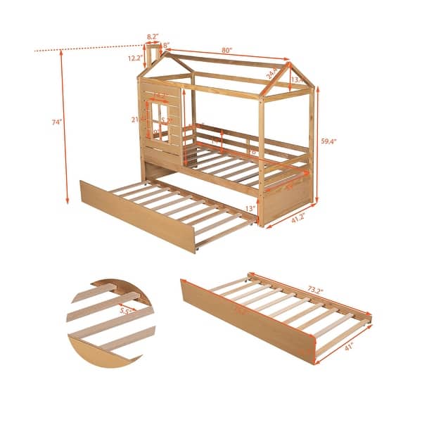 dimension image slide 0 of 2, Modern Twin Size House Bed Wood Bed With Twin Size Trundle And Solid Construction