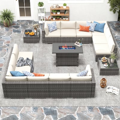 15 Piece Wicker Set Patio Sofa Furniture with Fire Pit And Table
