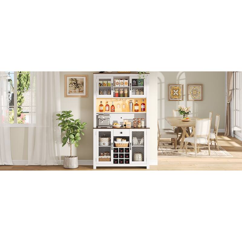 71" Pantry Cabinet, Coffee Bar Storage Cabinet with Charging Station & LED Lights, Tall Kitchen Hutch Cabinet with Wine Rack