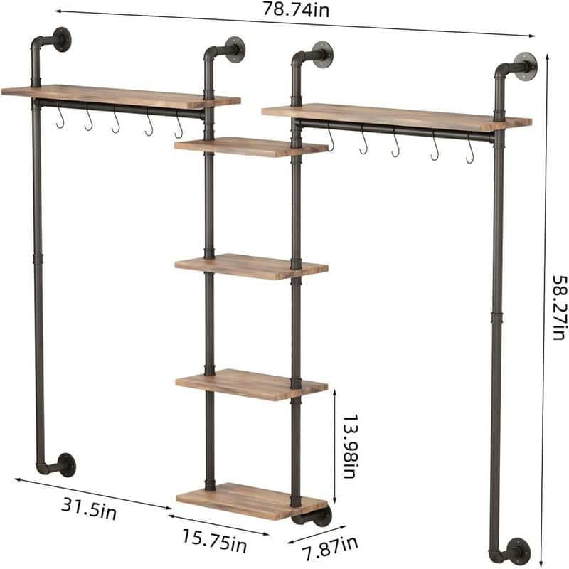 Wall Mounted Pipes Clothes Racks - 7.9"D x 78.7"W x 58.7"H
