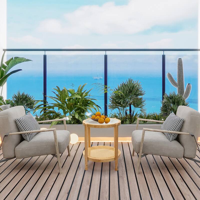 Rubberwood Coffee Table with Tempered Glass and Rattan - 19.7 x 19.7 x 23.2 in
