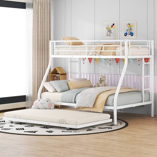 Sturdy Twin over Full Steel Bunk Bed with Twin Trundle, Ladders, and