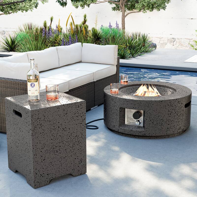 COSIEST 2-Piece Outdoor Round Firepit with Tank Cover Table - 28" W x 28" L x 12" H - Grey