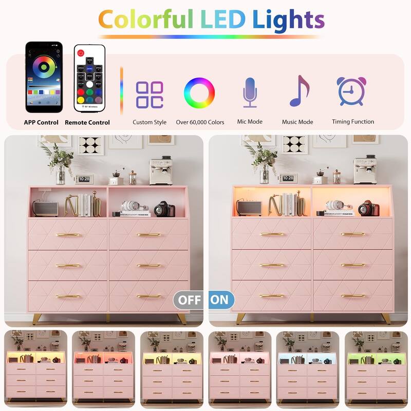 6 Drawer Dresser with Charging Station and Storage Shelf, 47" Wide Modern Wooden Chest for Bedroom