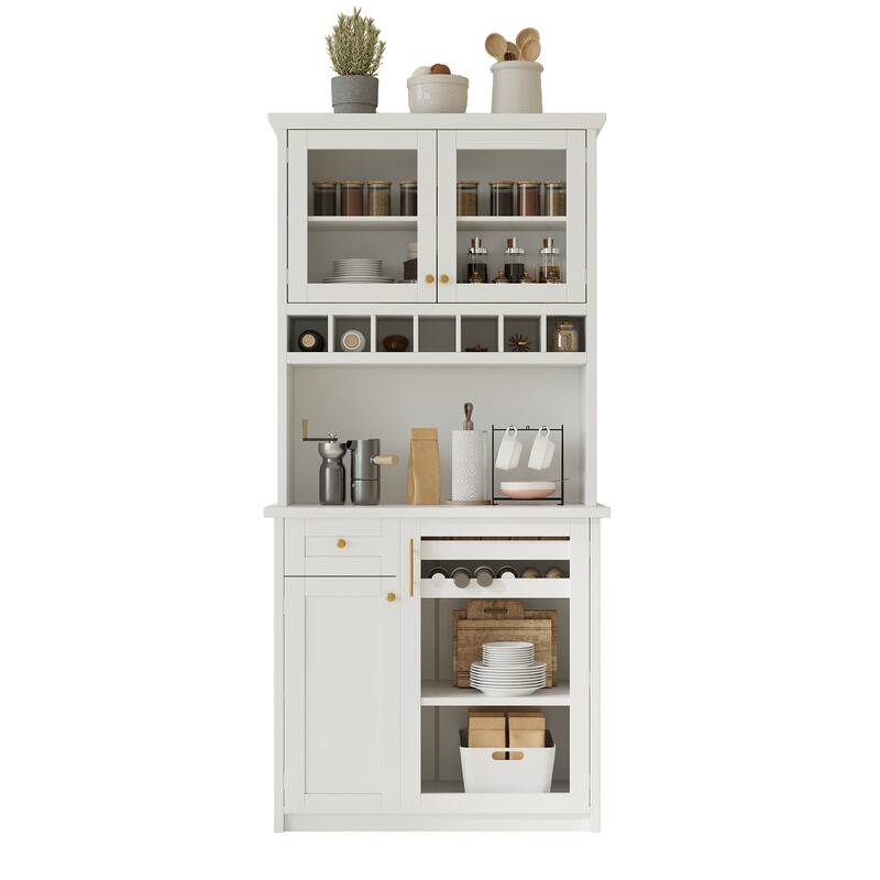 Roomfitters Farmhouse Kitchen Pantry Buffet Hutch with Wine Rack and Glass Doors, Tall Storage Cabinet