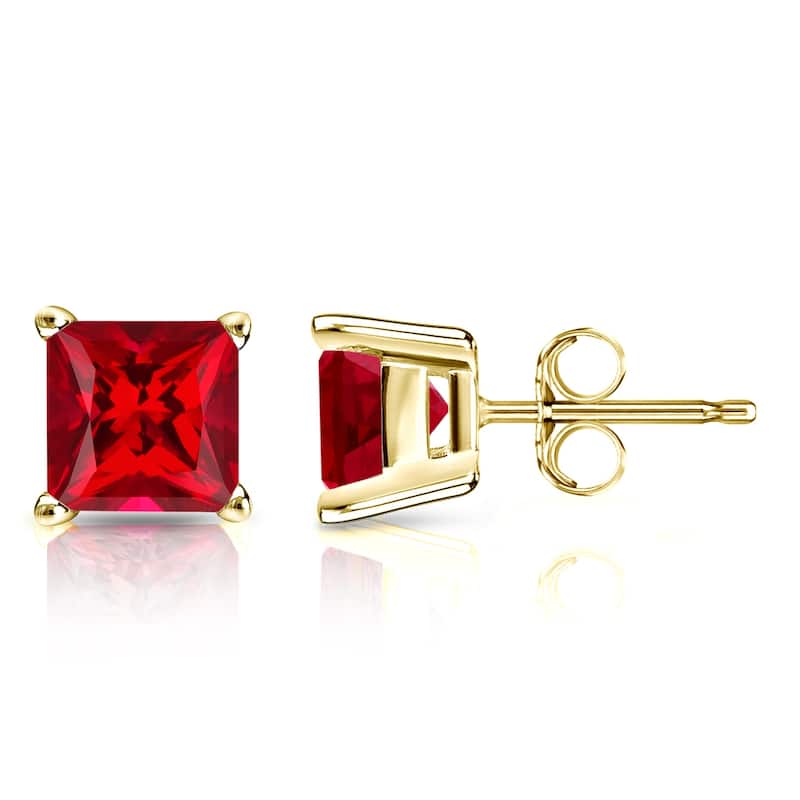 Auriya 14k Gold Lab Grown Gemstone Ruby Stud Earrings Princess 0.25 to 5.00 ct. tw. 4-Prong Basket Push-Back - 4.00ct tgw. - Yellow