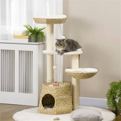 Multi-Level Cat Tree with Soft Cushions, Sisal Posts & Hanging Balls for Cats Under 10 lbs - 19.75" L x 19.75" W x 46.75" H