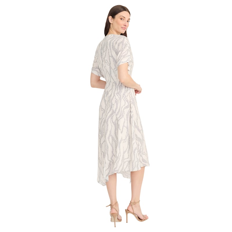 V-Neck Short Sleeve A-Line Midi Dress With Asymmetric Hem And Back Zipper