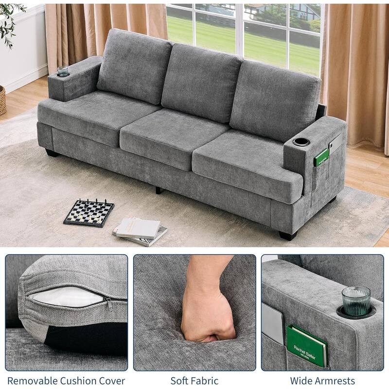 89" 3-Seater Sofa, Deep Seat Sofa, Modern Comfy Couches for Living Room with Cup Holders
