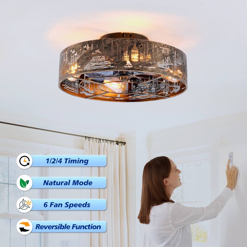 20 inch Flush Mount Ceiling Fan Light with Remote Caged Farmhouse Fandelier Black Wood Low Profile