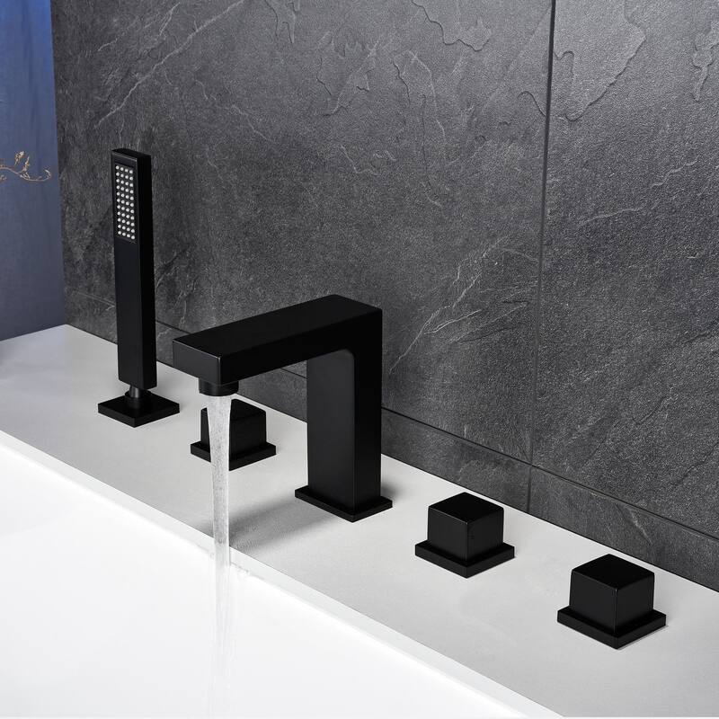 Tub Faucet With Hand Shower 3 Handle Matte Black Tub Fillers Modern 5 Holes Deck Mounted Bathroom Bathtub Faucet With Sprayer