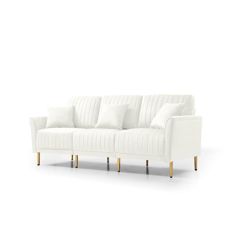3-Seat Sofa Velvet Upholstered Living Room Tufted Back Couch Sofa with Reversible Cushions and Metal Legs, Includes Pillows
