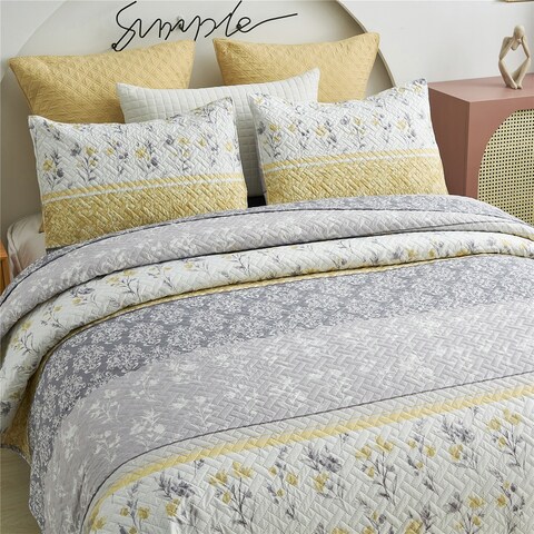 3 Piece Gray Yellow Stripe Quilt Set Floral Reversible Bedspread