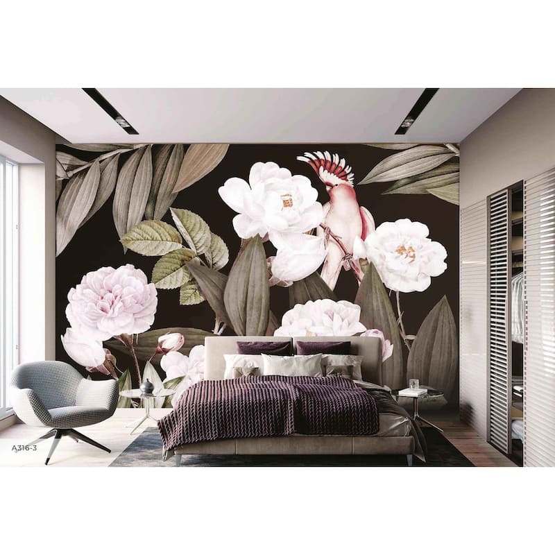 Exotic Flowers Night Garden Wallpaper Mural Tropical Bird
