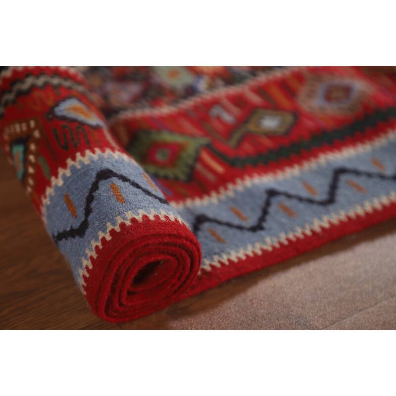 Geometric Kilim Senneh Persian Vintage Area Rug Flatweave Wool Carpet - 5'6" x 8'2"