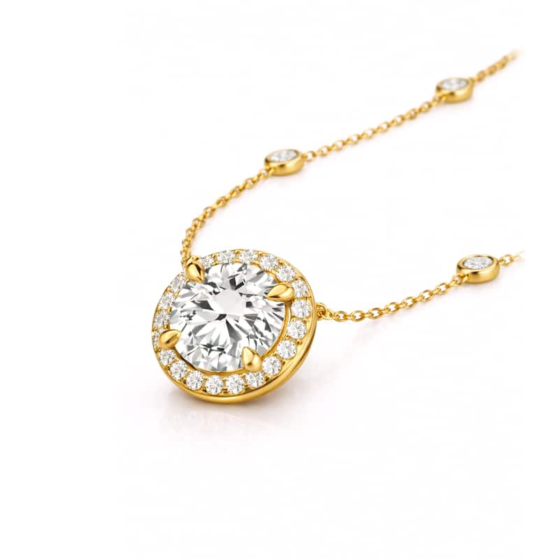 Auriya 14K Gold Lab Grown Round Diamond Halo Pendant with Bezel Necklace 1.00 to 5.00 ct. tw. (F-G VS)