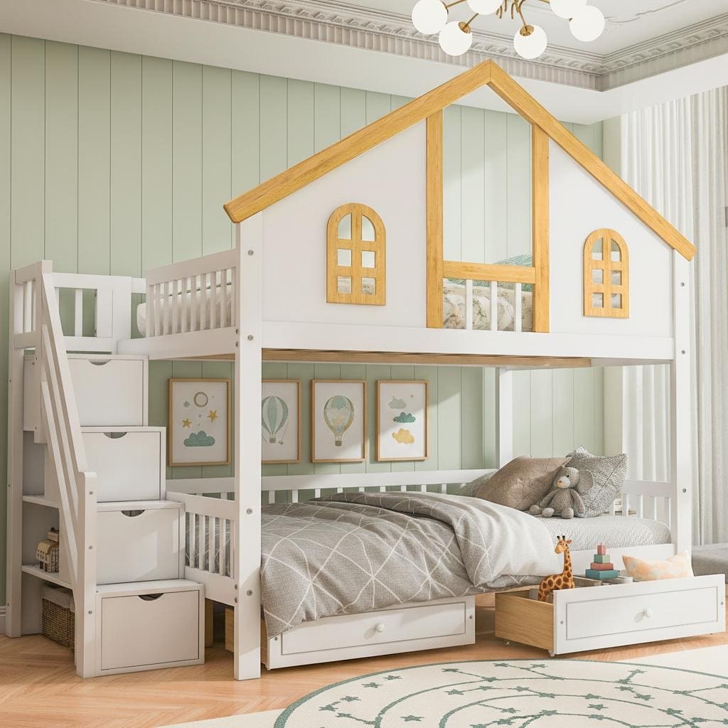 Wooden House Roof Bunk Bed with Staircase Storage & Dual Drawers by Harper&Bright Designs
