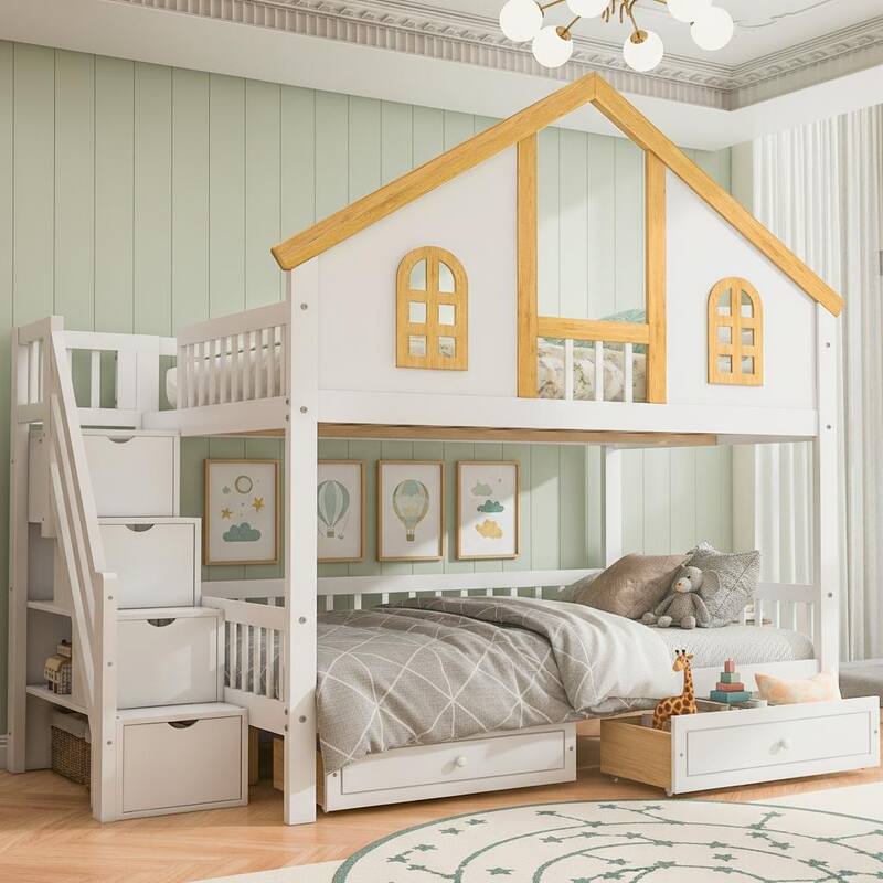 Wooden House Roof Bunk Bed with Staircase Storage & Dual Drawers by Harper&Bright Designs - Full