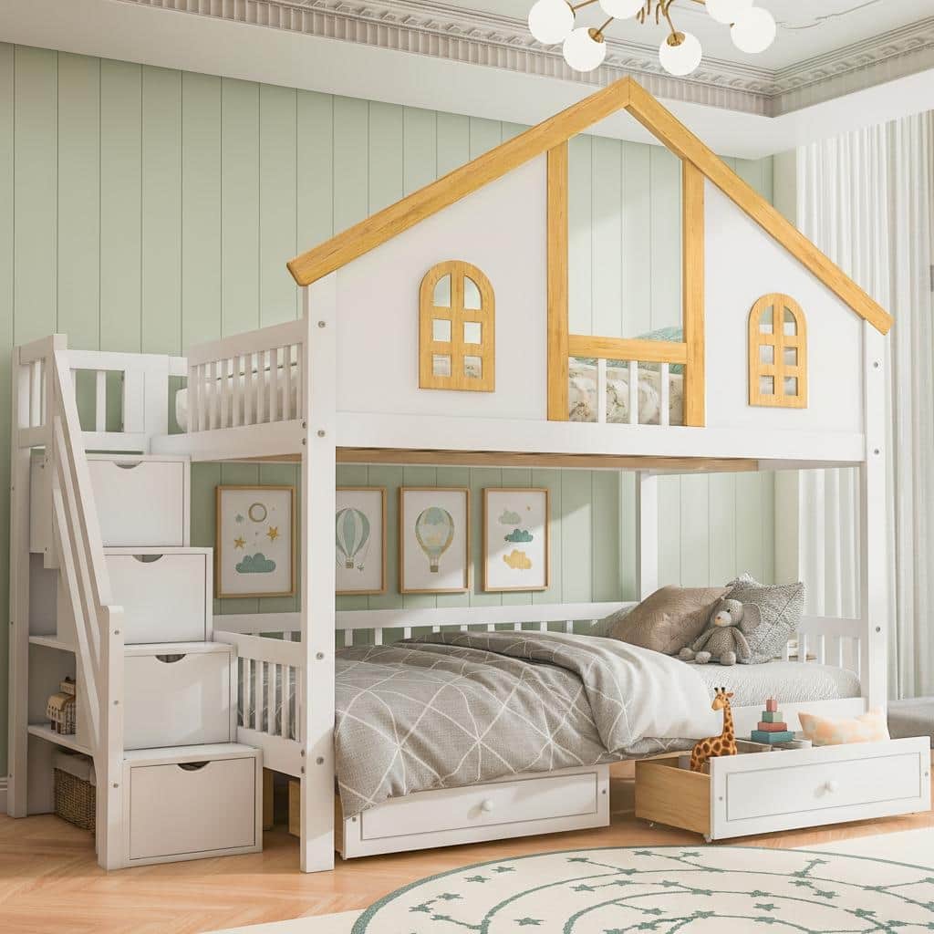 Wooden House Roof Bunk Bed with Staircase Storage & Dual Drawers by Harper&Bright Designs
