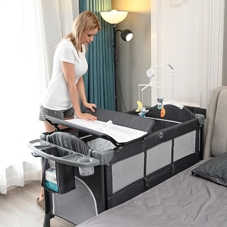 Kerrogee 5-In-1 Convertible Bed Side Crib Playpen Playard, Portable Infant Bassinet - 27.6"W x 49.6"L x 29.9"H