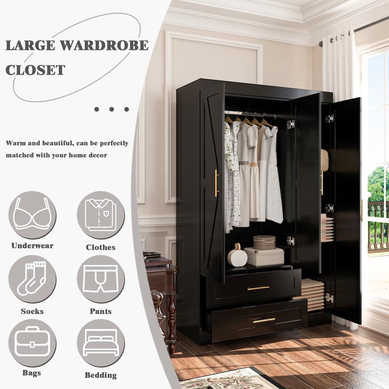 Classic Three-Door Wardrobe,Wood Bedroom Armoire with Hanging Rod and Shelves,Spacious Storage Closet,Modern Farmhouse Design