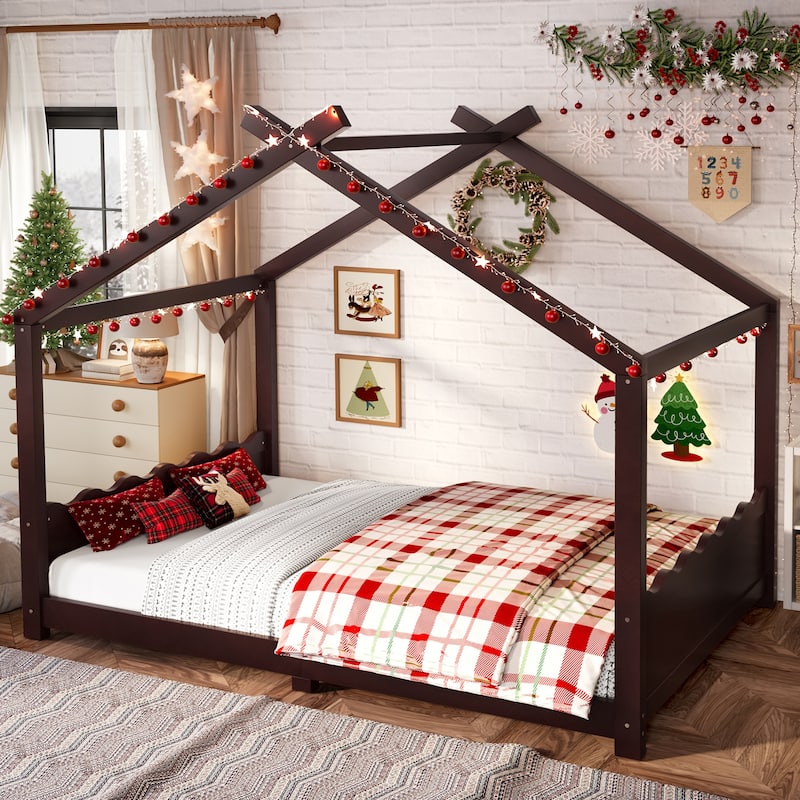 Roomfitters House Floor Bed with Support Slats, Solid Wood Open Frame Design