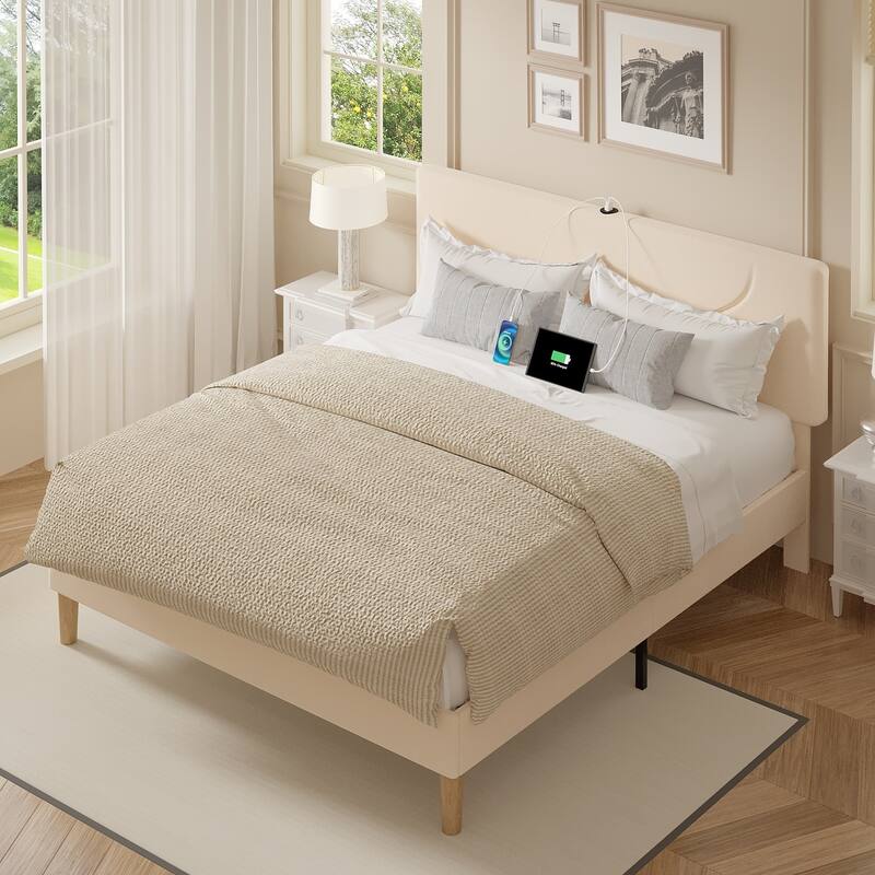 Javlergo Bed Frame with Smart LED Lights, Velvet Bed Frames with USB Charging Station, Modern Platform Bed