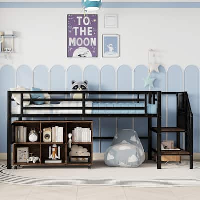 Twin Size Metal Loft Bed with Movable Storage Cabinets, Low Loft Bed Metal Frame Bed with Stairs for Kids