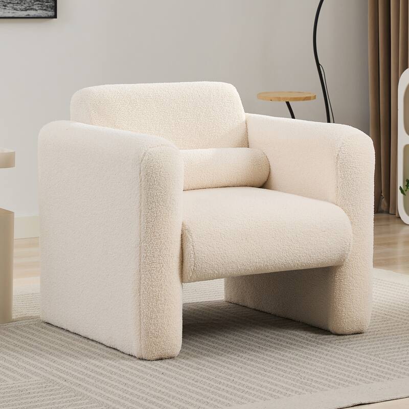 Modern Accent Chair Lambskin Sherpa Fabric Upholstered Comfy Reading Arm Chair Soft Padded Armchair with Back and Pillow