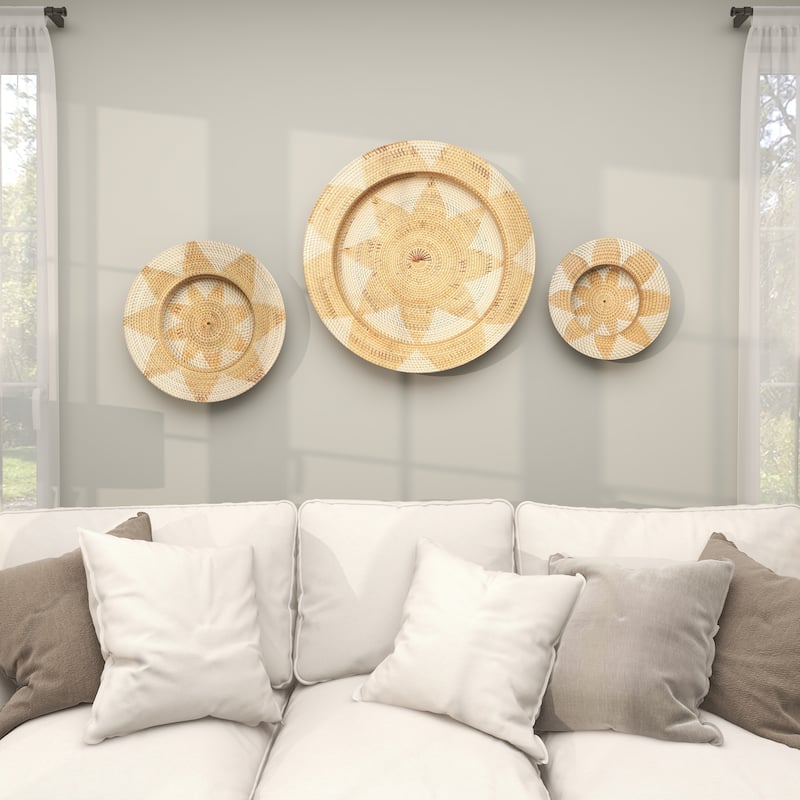 Rattan Plate Handmade Woven Floral Basket Home Wall Decor - Set of 3 Light Brown or Brown - Roche River Decor