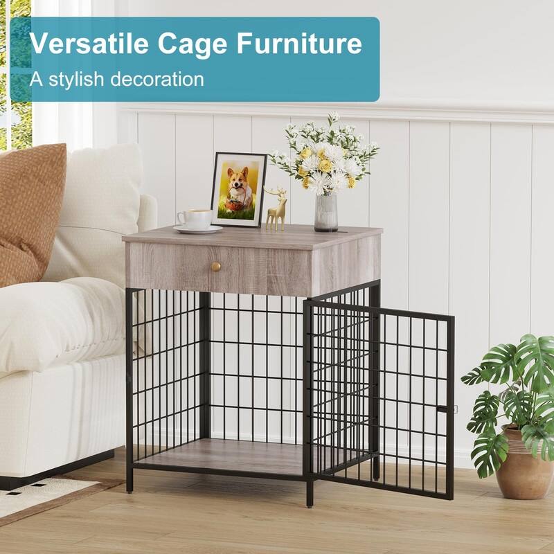 Wooden Dog Kennel Crate Furniture Side Table End Table with Drawer for Small Dogs